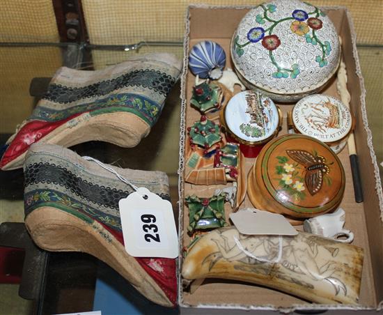 Pair Chinese embroidered shoes, marine ivory scrimshaw, carved ivory dip pen & sundry items